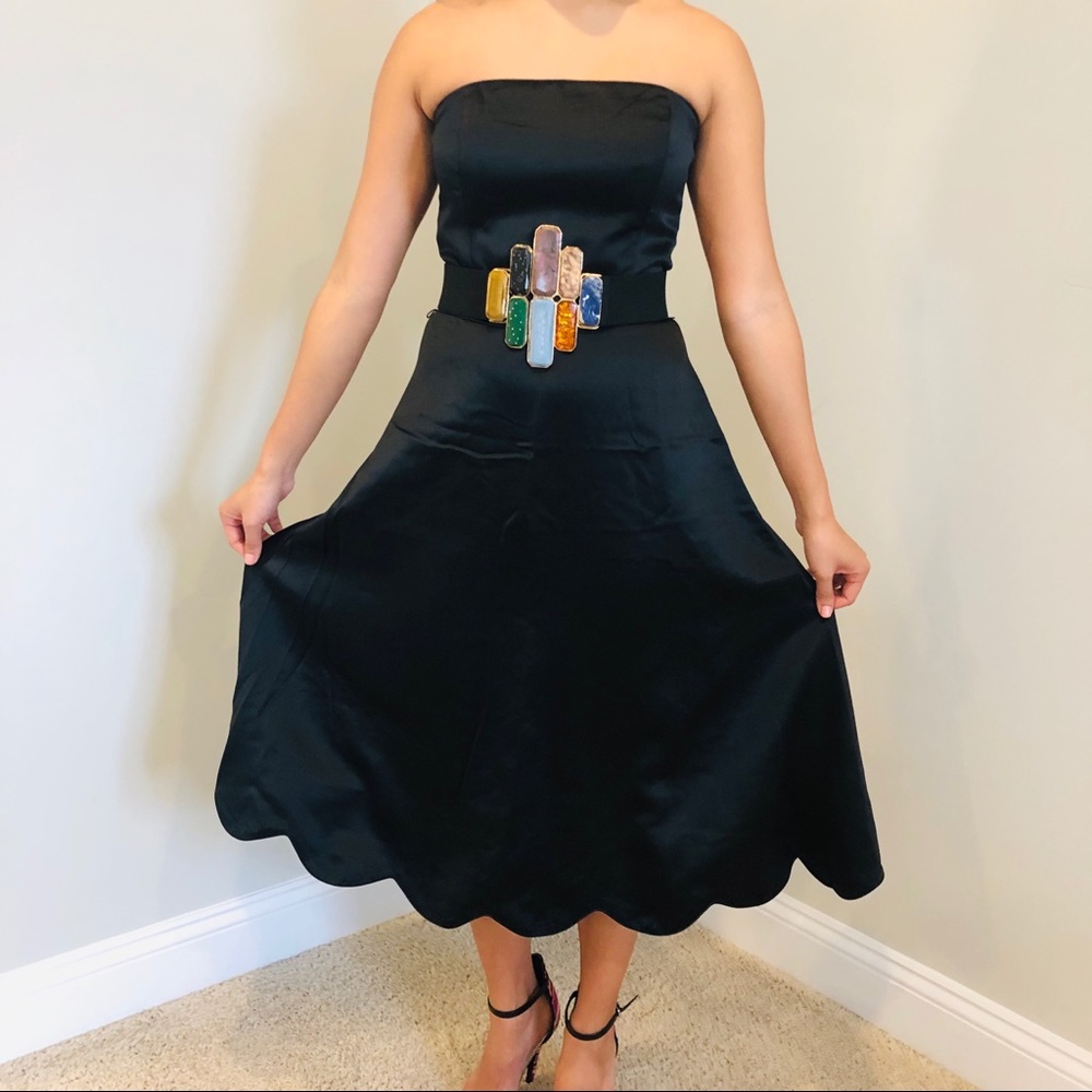 Strapless scalloped black cocktail dress